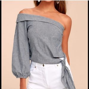 NWT, Free People Get Down Blue & White Striped One Shoulder Top, Size 2